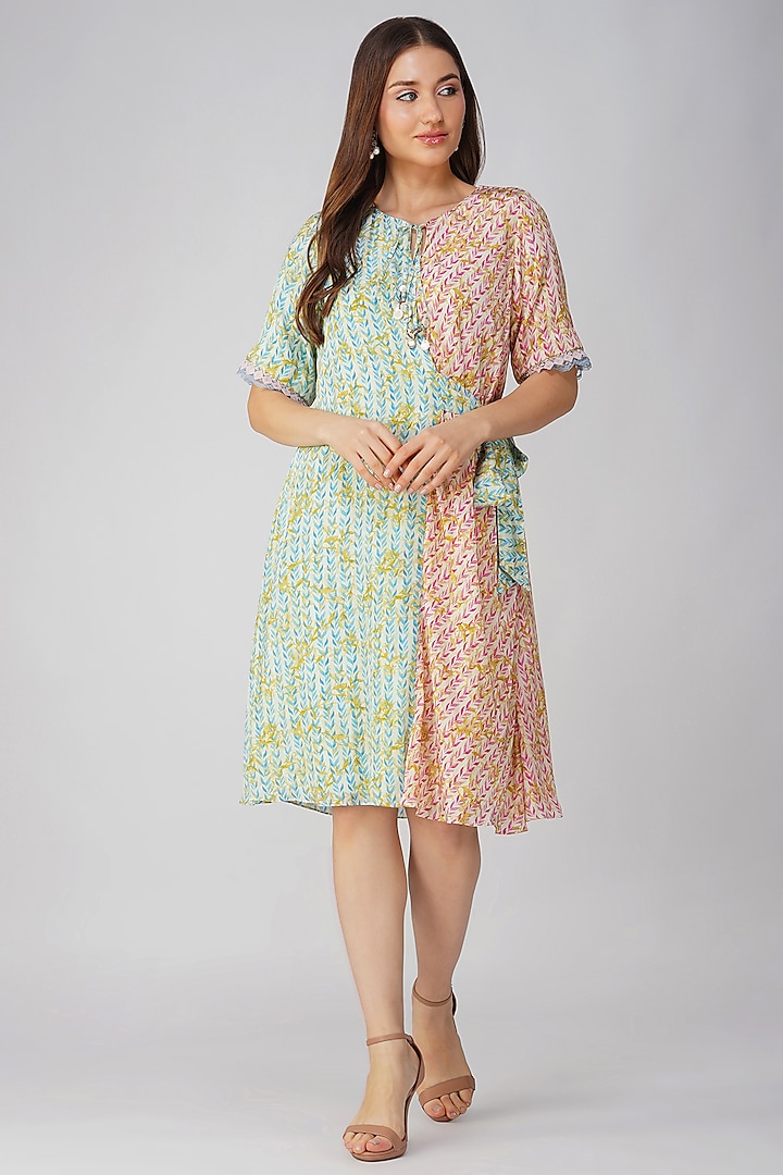Blush Pink & Sky Blue Crepe Printed A-Line Dress by Devyani Mehrotra