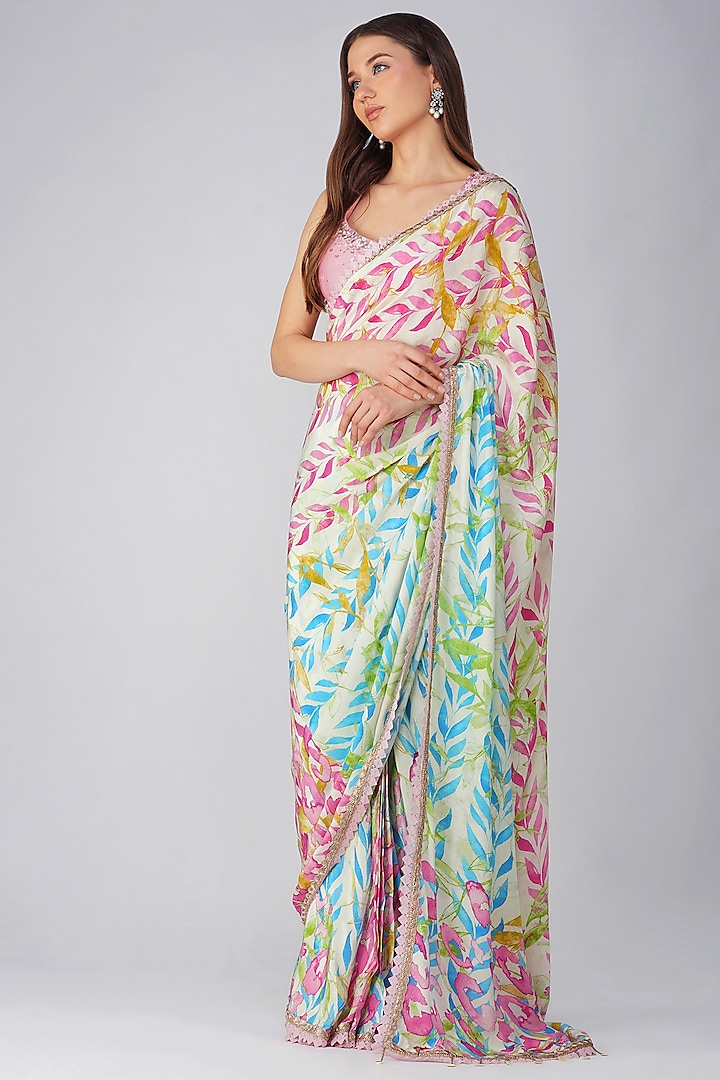 Sky Blue & Blush Pink Crepe Printed Pre-Stitched Saree Set by Devyani Mehrotra