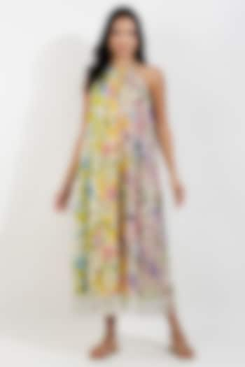 Lime Viscose Muslin Floral Printed A-line Maxi Dress by Devyani Mehrotra at Pernia's Pop Up Shop