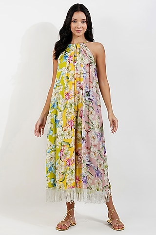 Lime Viscose Muslin Floral Printed A-line Maxi Dress by Devyani Mehrotra