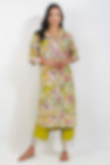 Lime Viscose Muslin Floral Printed Tunic Set by Devyani Mehrotra at Pernia's Pop Up Shop