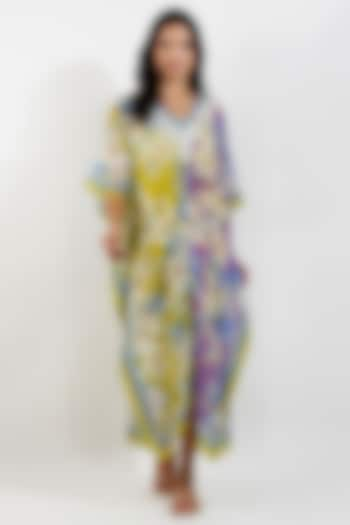 Lime Viscose Muslin Floral Printed Knotted Kaftan by Devyani Mehrotra at Pernia's Pop Up Shop