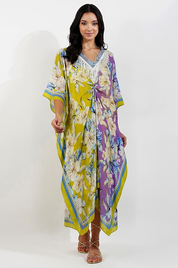 Lime Viscose Muslin Floral Printed Knotted Kaftan by Devyani Mehrotra at Pernia's Pop Up Shop