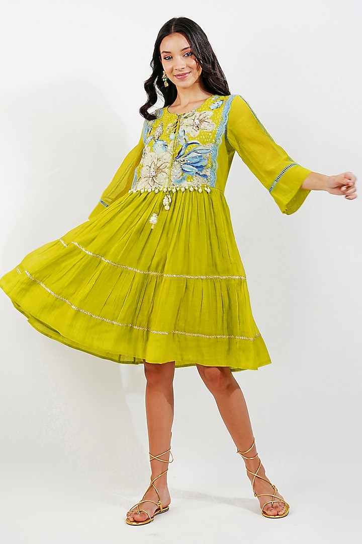 Lime Chanderi Floral Printed & Sequins Embroidered Tiered Dress by Devyani Mehrotra at Pernia's Pop Up Shop