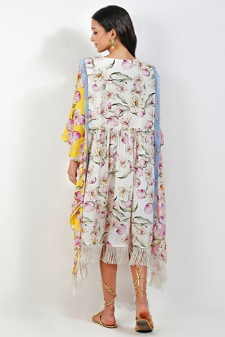 White Viscose Muslin Floral Printed & Embroidered Kaftan by Devyani Mehrotra at Pernia's Pop Up Shop