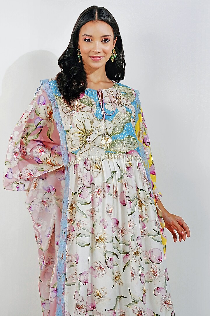 White Viscose Muslin Floral Printed & Embroidered Kaftan by Devyani Mehrotra at Pernia's Pop Up Shop