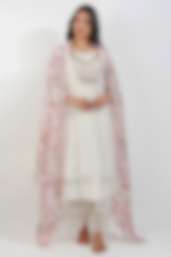 Ivory Chanderi & Muslin Lace Embroidered A-Line Tunic Set by Devyani Mehrotra at Pernia's Pop Up Shop