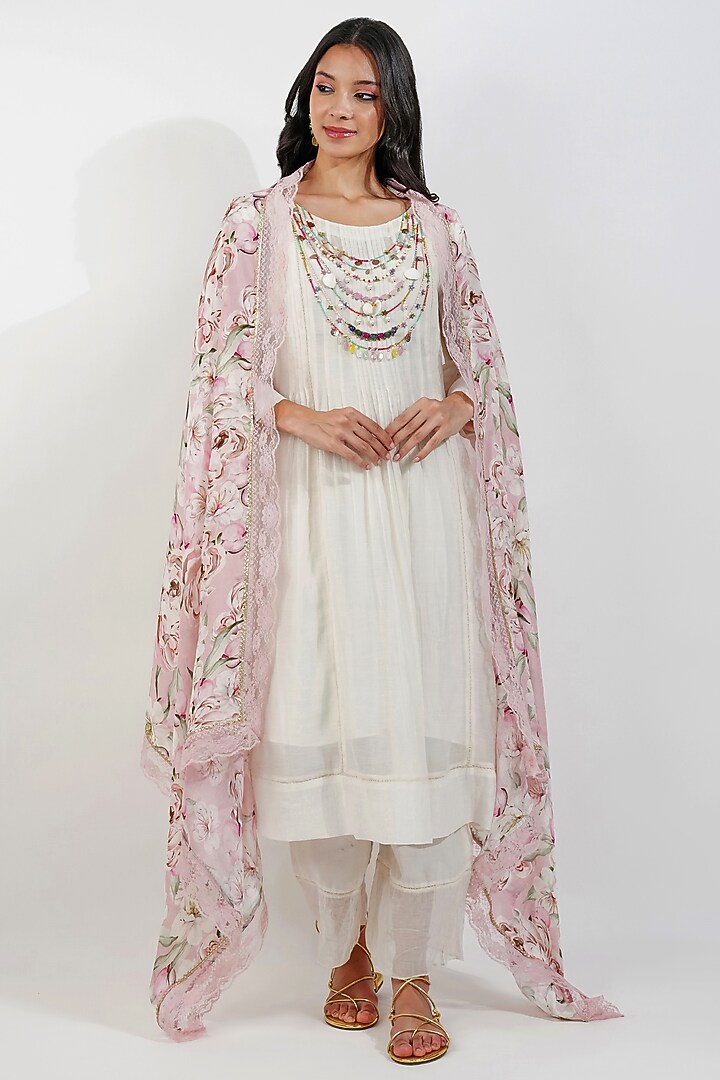Ivory Chanderi & Muslin Lace Embroidered A-Line Tunic Set by Devyani Mehrotra at Pernia's Pop Up Shop