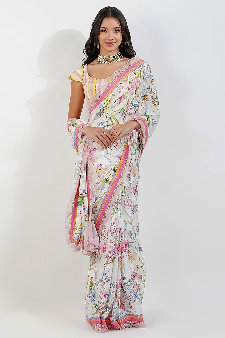 Ivory Crepe Floral Printed Saree Set by Devyani Mehrotra at Pernia's Pop Up Shop