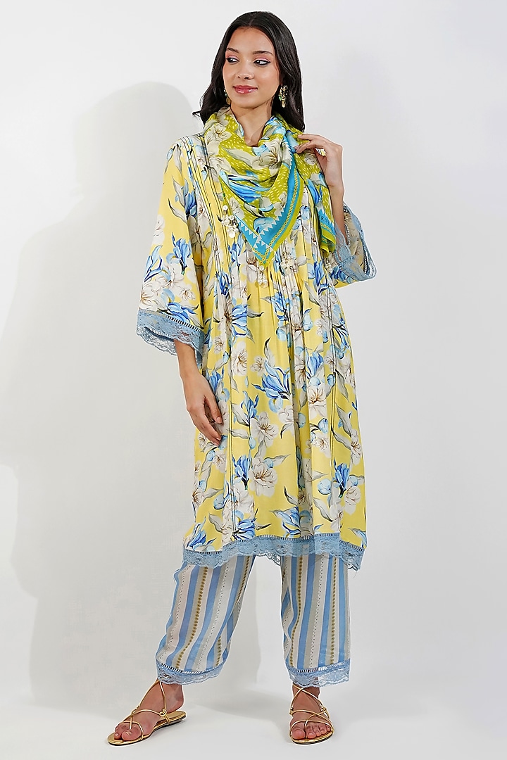 Yellow Viscose Muslin Digital Printed Tunic Set by Devyani Mehrotra at Pernia's Pop Up Shop