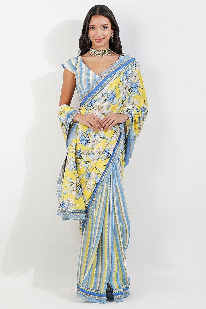 Lime & Blue Crepe Floral Printed Saree Set by Devyani Mehrotra at Pernia's Pop Up Shop