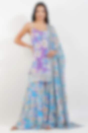 Sky Blue Muslin Floral Printed Gharara Set by Devyani Mehrotra at Pernia's Pop Up Shop