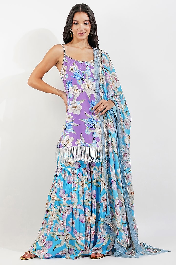 Sky Blue Muslin Floral Printed Gharara Set by Devyani Mehrotra