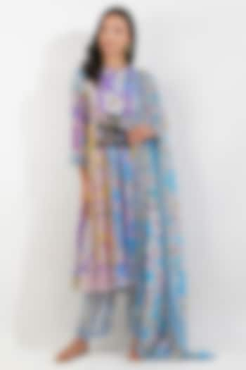 Purple Viscose Chiffon & Viscose Muslin Floral Printed Kurta Set by Devyani Mehrotra