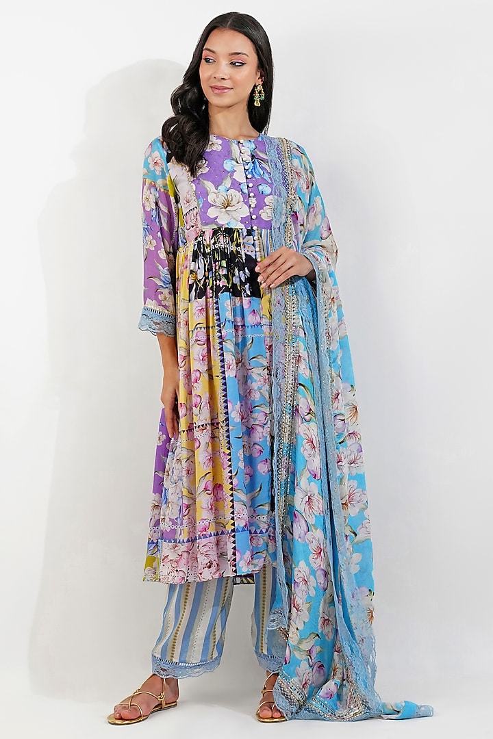 Purple Viscose Chiffon & Viscose Muslin Floral Printed Kurta Set by Devyani Mehrotra