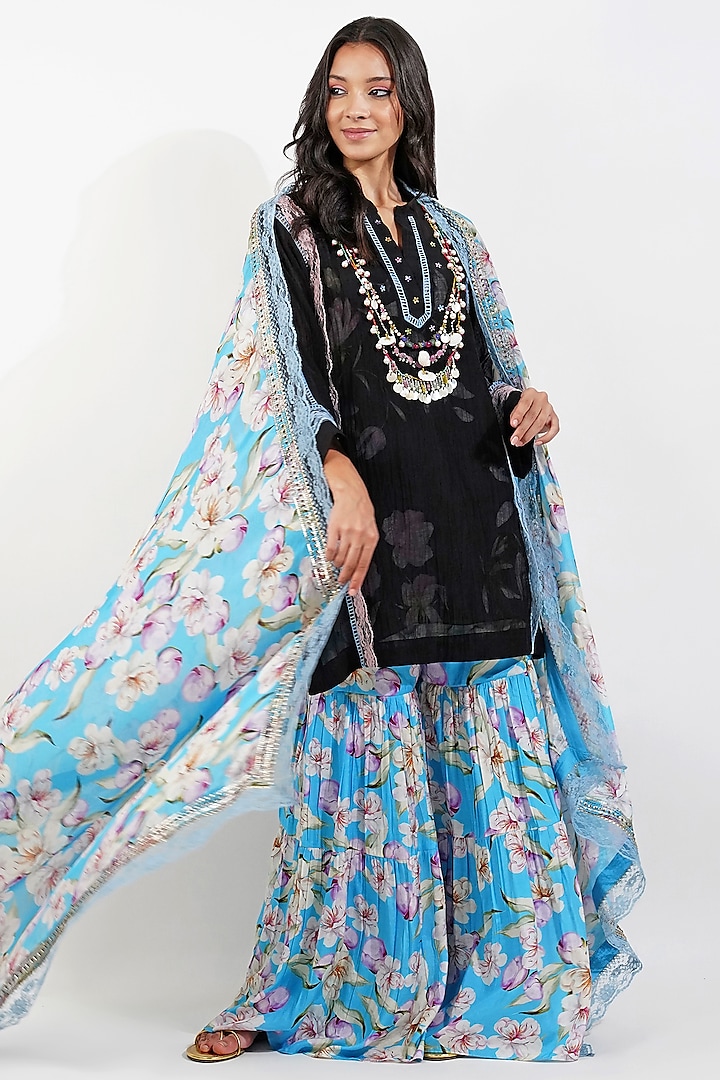 Sky Blue Muslin Floral Printed Gharara Set by Devyani Mehrotra at Pernia's Pop Up Shop