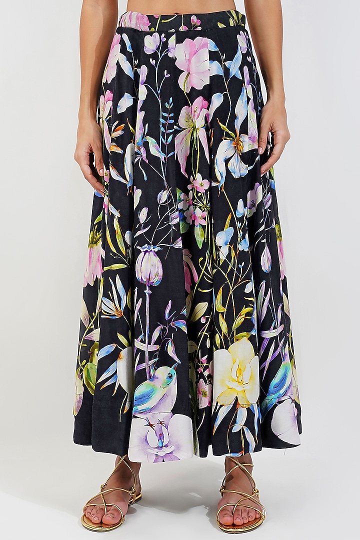 Black Muslin Floral Printed Skirt Set by Devyani Mehrotra at Pernia's Pop Up Shop