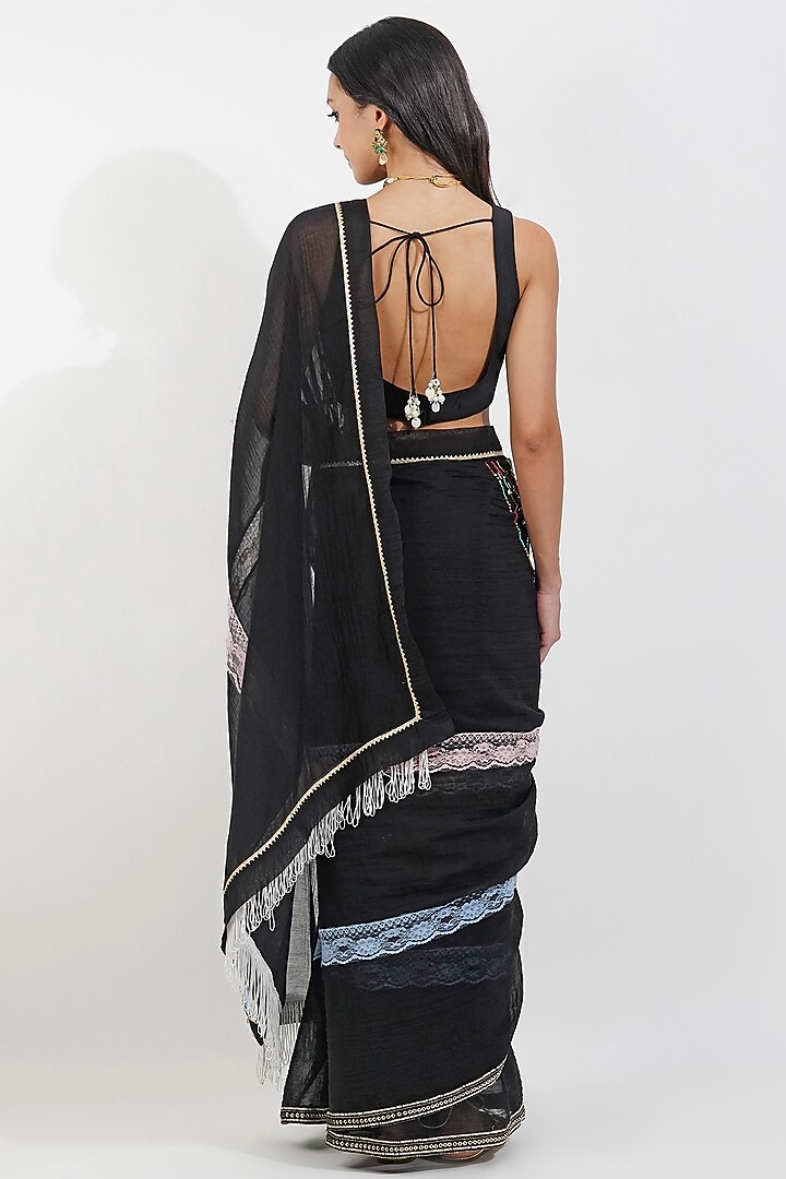 Black Chanderi Zardosi Embroidered Party Wear Saree Set by Devyani Mehrotra at Pernia's Pop Up Shop