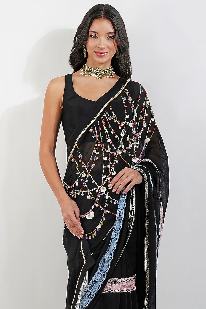 Black Chanderi Zardosi Embroidered Party Wear Saree Set by Devyani Mehrotra at Pernia's Pop Up Shop