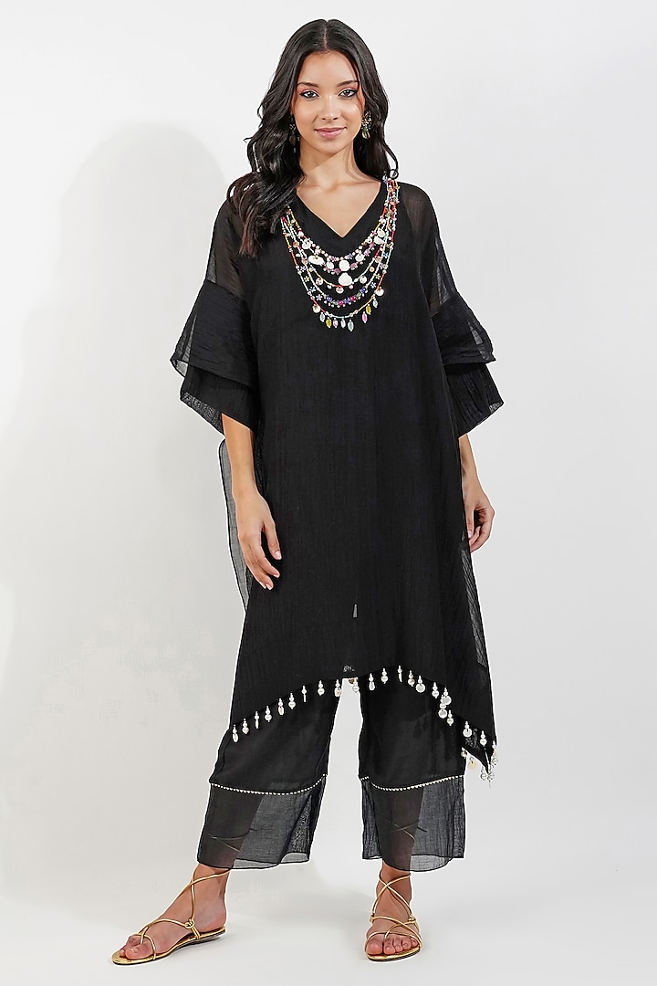 Black Chanderi Zardosi Embroidered Kaftan Set by Devyani Mehrotra