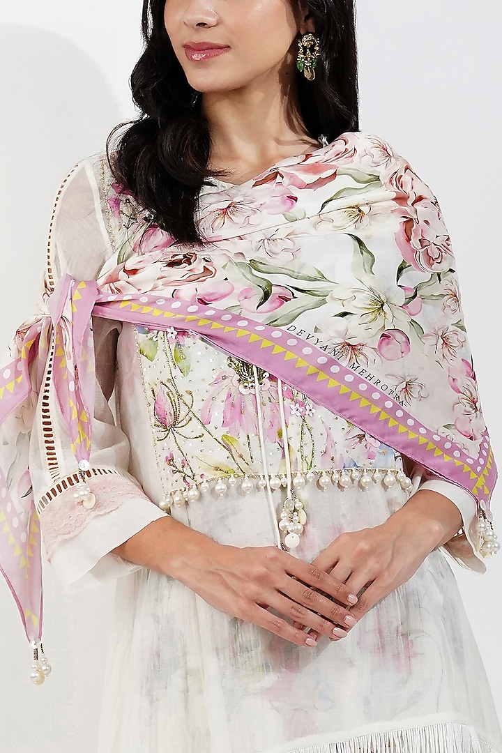 Blush Pink Viscose Satin Georgette Vintage Floral Printed Scarf by Devyani Mehrotra at Pernia's Pop Up Shop