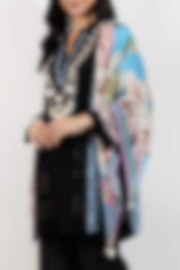 Sky Blue Viscose Satin Georgette Vintage Floral Printed Scarf by Devyani Mehrotra at Pernia's Pop Up Shop