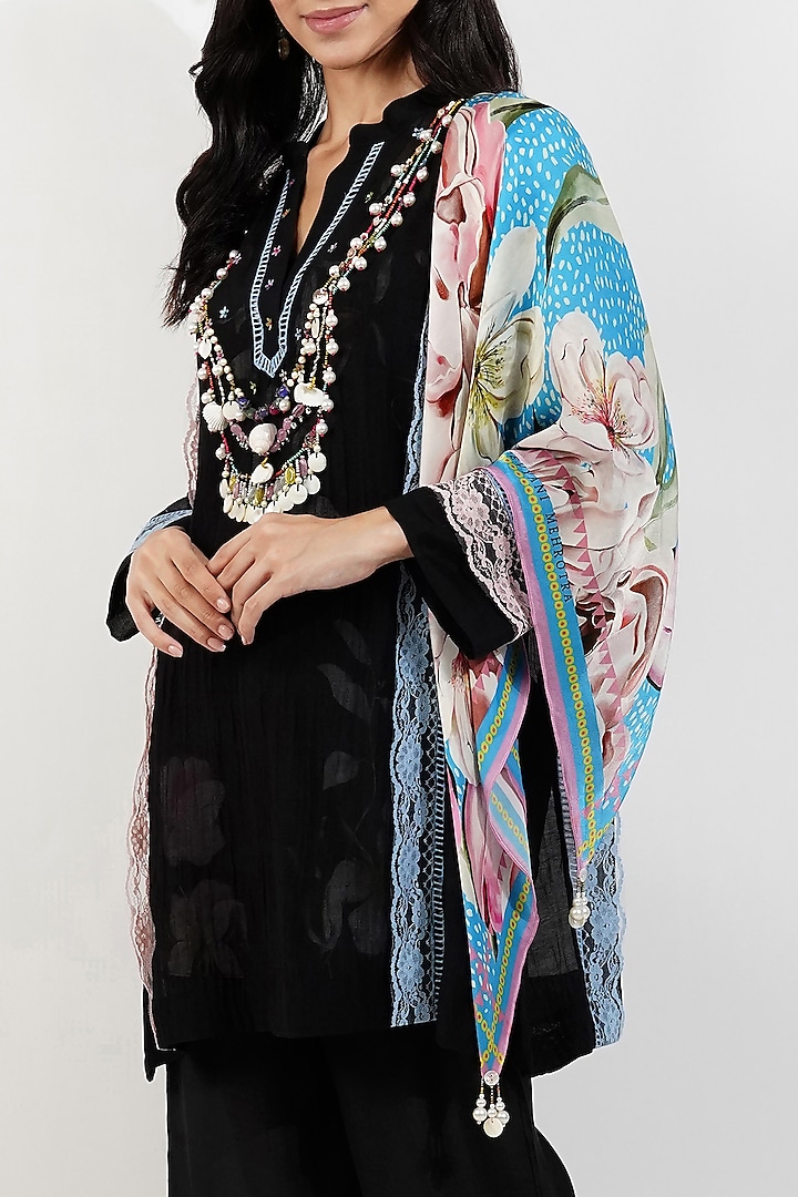 Sky Blue Viscose Satin Georgette Vintage Floral Printed Scarf by Devyani Mehrotra at Pernia's Pop Up Shop