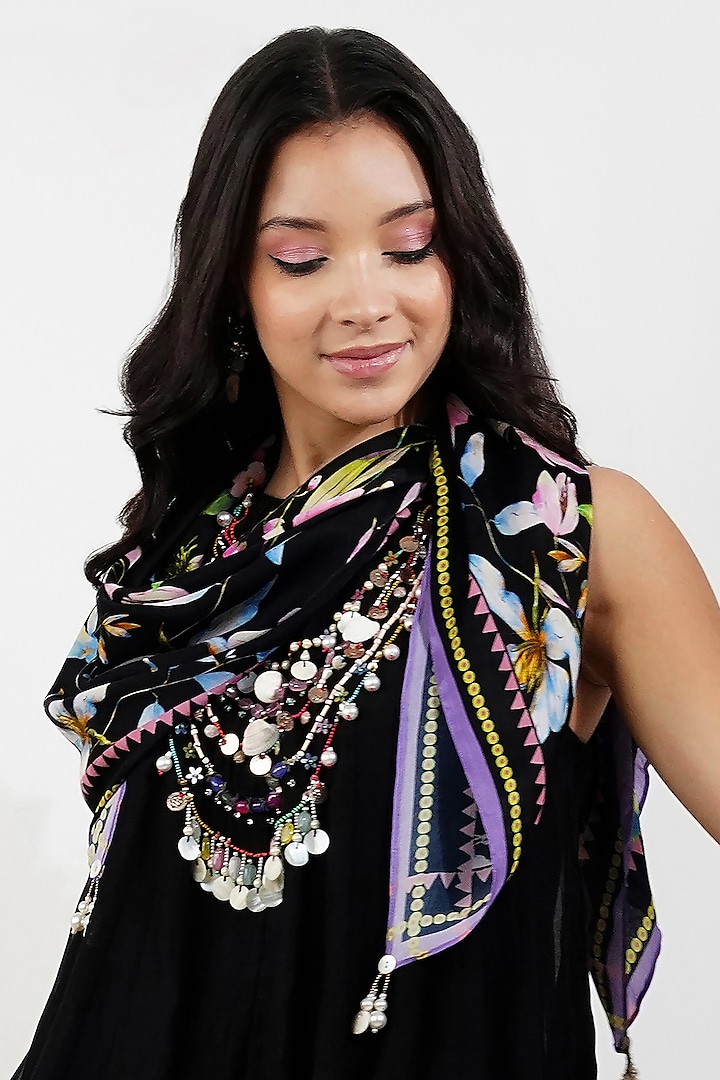 Black Viscose Satin Georgette Floral Printed Scarf by Devyani Mehrotra at Pernia's Pop Up Shop