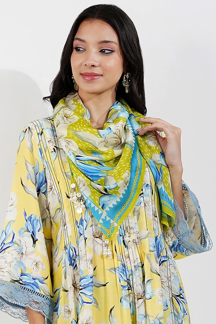 Lime Viscose Satin Georgette Vintage Floral Printed Scarf by Devyani Mehrotra at Pernia's Pop Up Shop