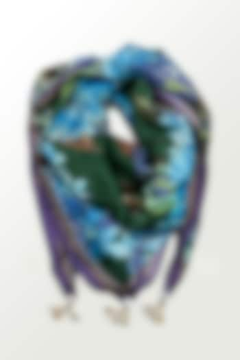 Blue & Emerald Green Viscose Satin Georgette Floral Printed Scarf by Devyani Mehrotra at Pernia's Pop Up Shop