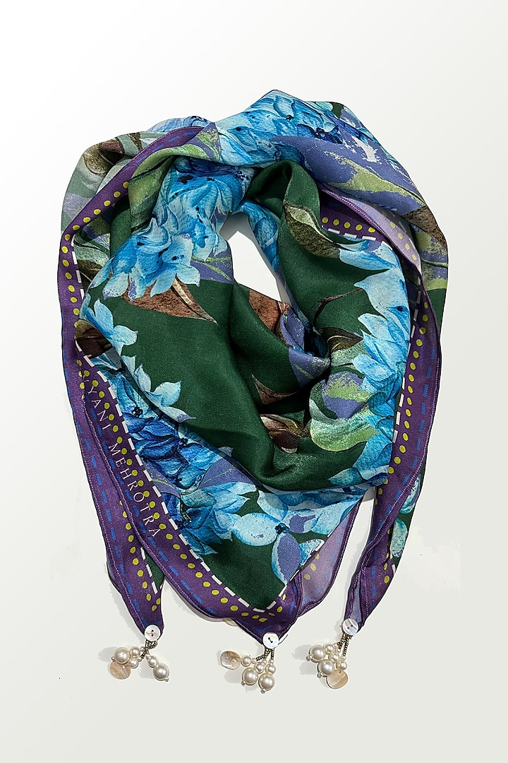 Blue & Emerald Green Viscose Satin Georgette Floral Printed Scarf by Devyani Mehrotra at Pernia's Pop Up Shop