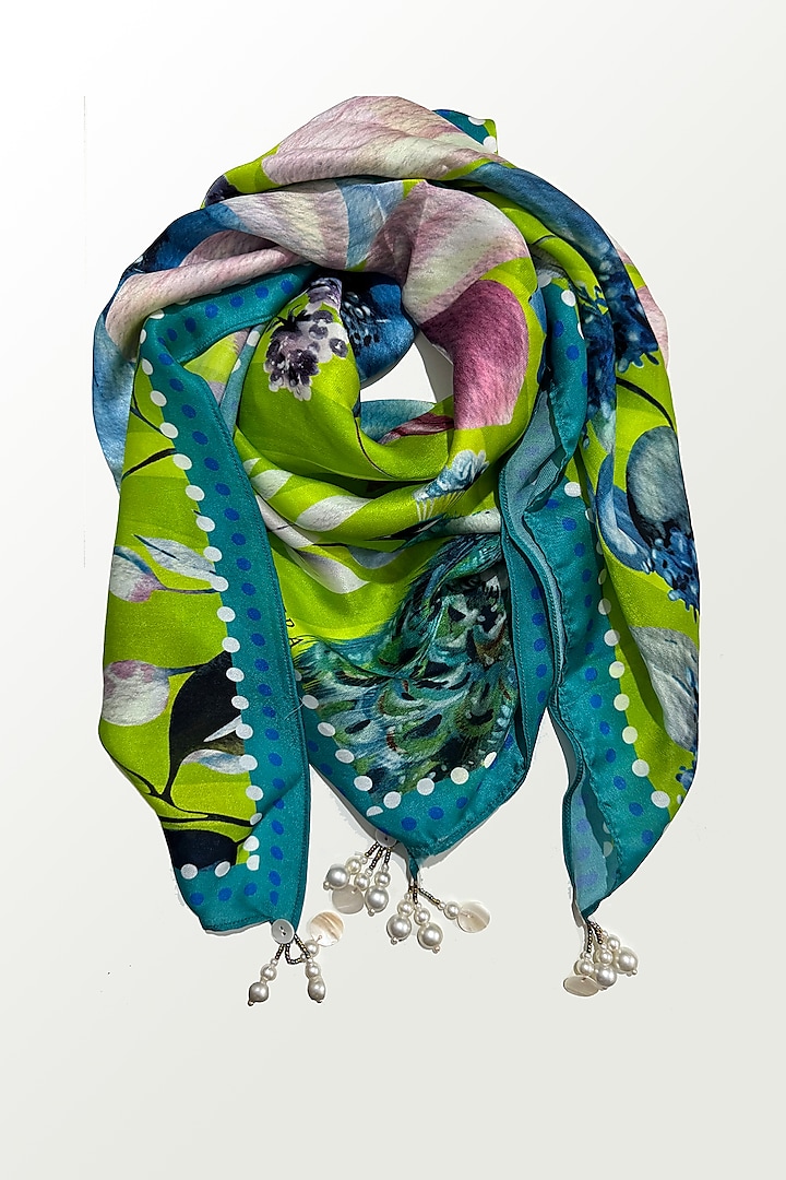 Lime Viscose Satin Georgette Floral Printed Scarf by Devyani Mehrotra at Pernia's Pop Up Shop