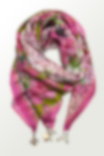 Lime & Blush Pink Viscose Satin Georgette Floral Printed Scarf by Devyani Mehrotra at Pernia's Pop Up Shop