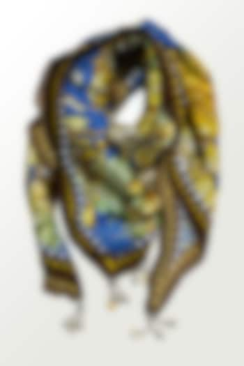 Cobalt Blue & Yellow Viscose Satin Georgette Floral Printed Scarf by Devyani Mehrotra