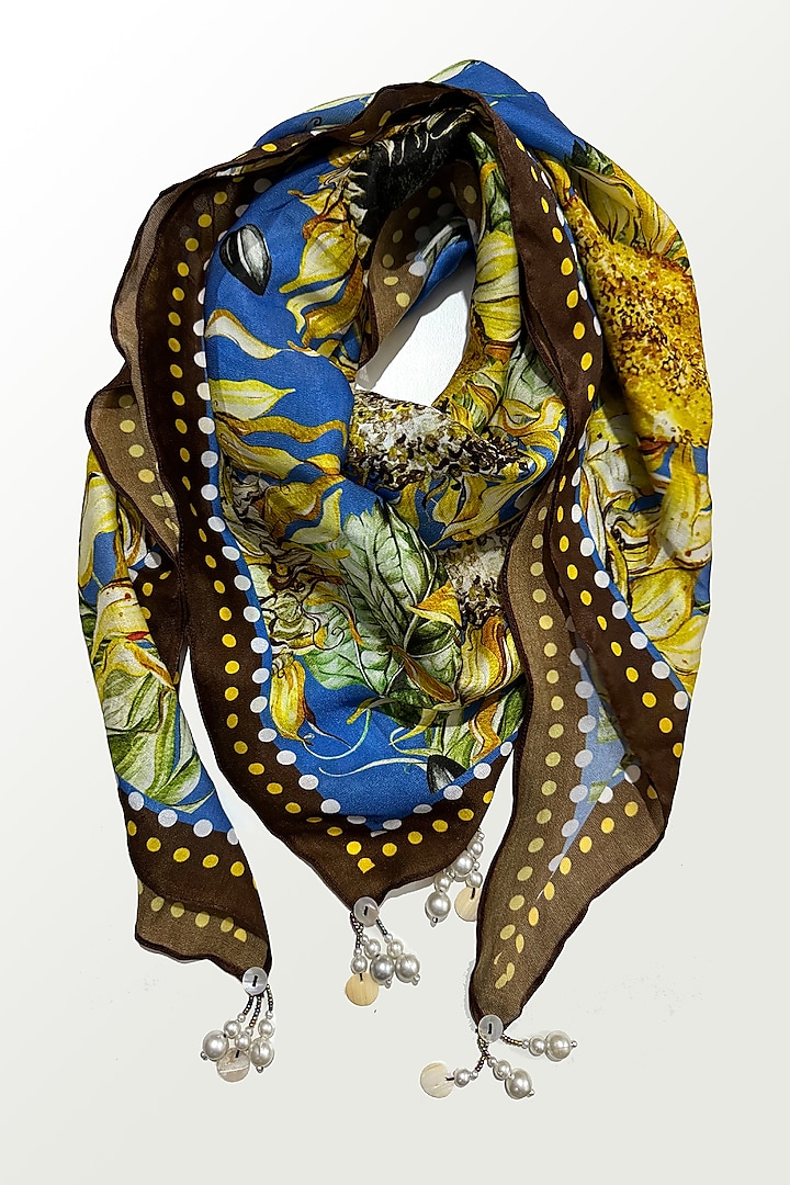 Cobalt Blue & Yellow Viscose Satin Georgette Floral Printed Scarf by Devyani Mehrotra