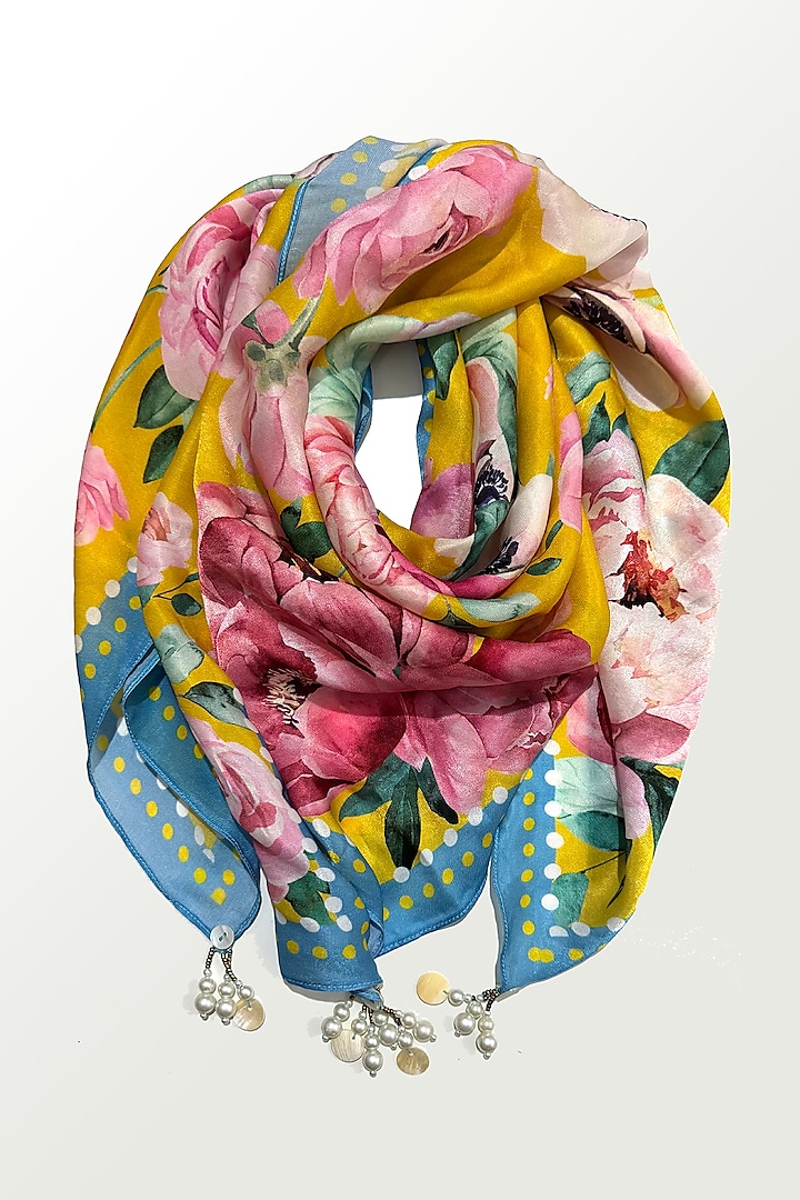 Yellow & Blush Pink Viscose Satin Georgette Floral Printed Scarf by Devyani Mehrotra at Pernia's Pop Up Shop