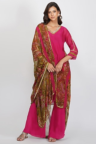 Fuchsia Printed A-line Kurta Set by Devyani Mehrotra