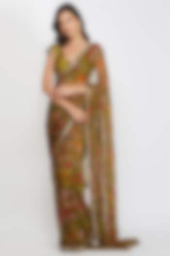 Mehendi Green Viscose Chiffon & Chanderi Leaf Printed & Sequins Embroidered Saree Set by Devyani Mehrotra
