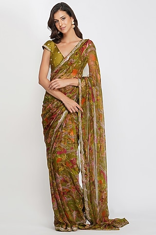 Mehendi Green Viscose Chiffon & Chanderi Leaf Printed & Sequins Embroidered Saree Set by Devyani Mehrotra