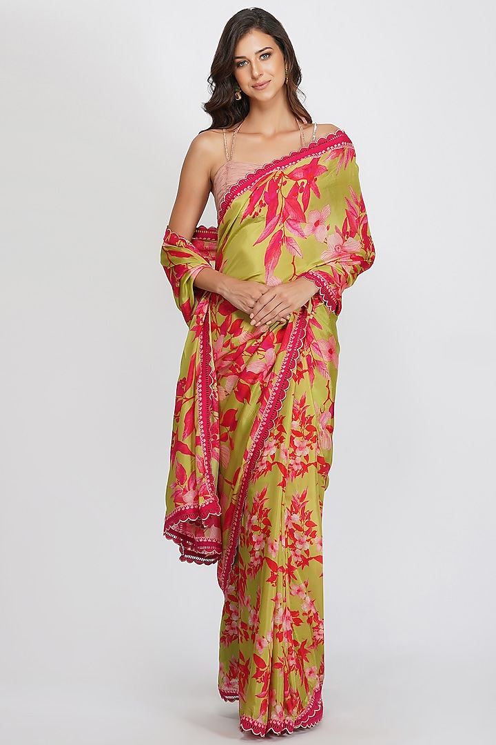 Mehendi Green Viscose Satin Georgette Floral Printed Saree Set by Devyani Mehrotra