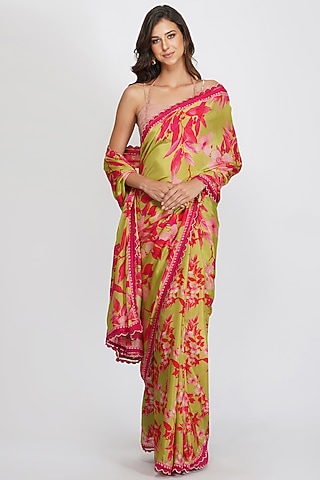 Mehendi Green Viscose Satin Georgette Floral Printed Saree Set by Devyani Mehrotra