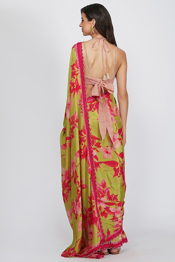 Mehendi Green Viscose Satin Georgette Floral Printed Party Wear Saree Set by Devyani Mehrotra at Pernia's Pop Up Shop