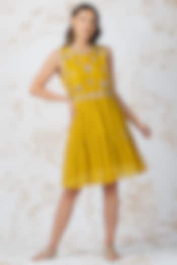 Yellow Chanderi Tiered Dress by Devyani Mehrotra