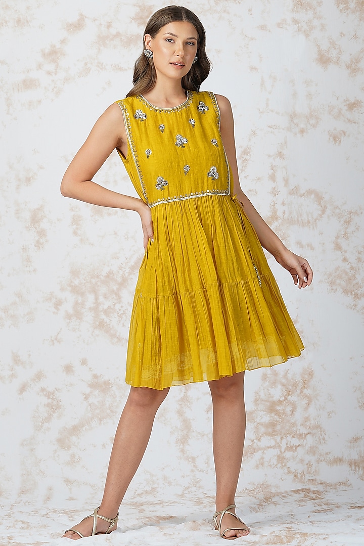 Yellow Chanderi Tiered Dress by Devyani Mehrotra at Pernia's Pop Up Shop