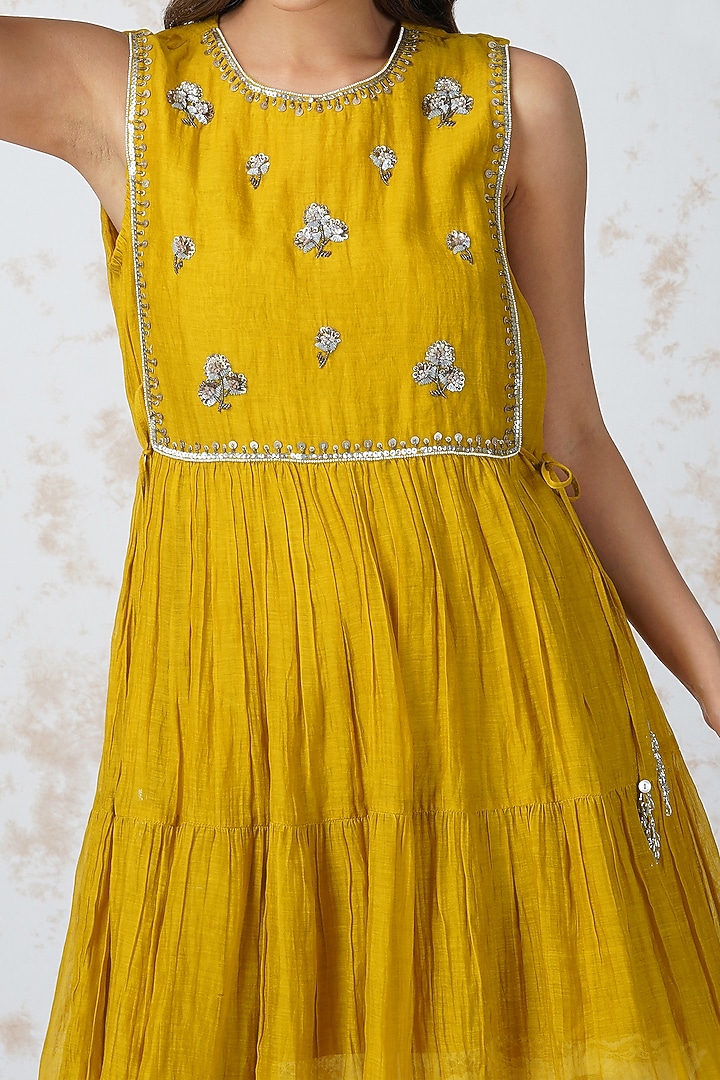 Yellow Chanderi Tiered Vacation Dress by Devyani Mehrotra at Pernia's Pop Up Shop