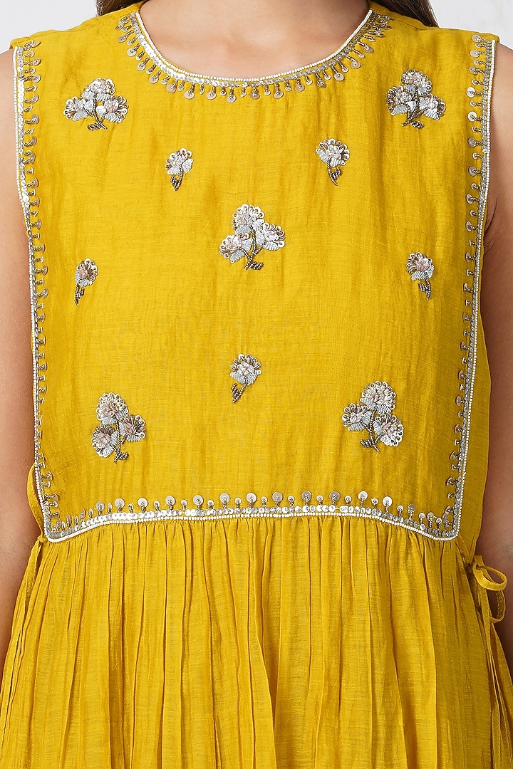 Yellow Chanderi Tiered Vacation Dress by Devyani Mehrotra at Pernia's Pop Up Shop