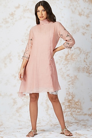 Blush Pink Chanderi Dress by Devyani Mehrotra