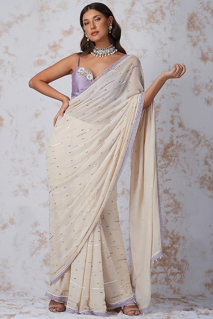 Beige Embroidered Saree Set by Devyani Mehrotra