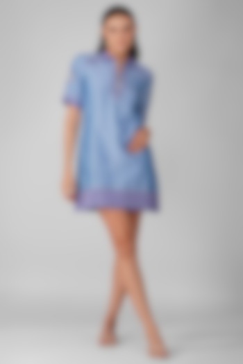 Blue Chanderi Hand Embroidered Summer Shirt Dress by Devyani Mehrotra at Pernia's Pop Up Shop