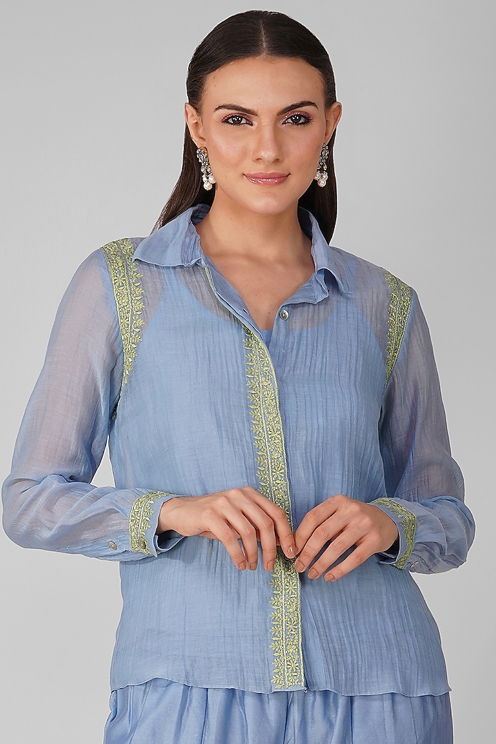 Blue Chanderi Sheer Shirt by Devyani Mehrotra at Pernia's Pop Up Shop